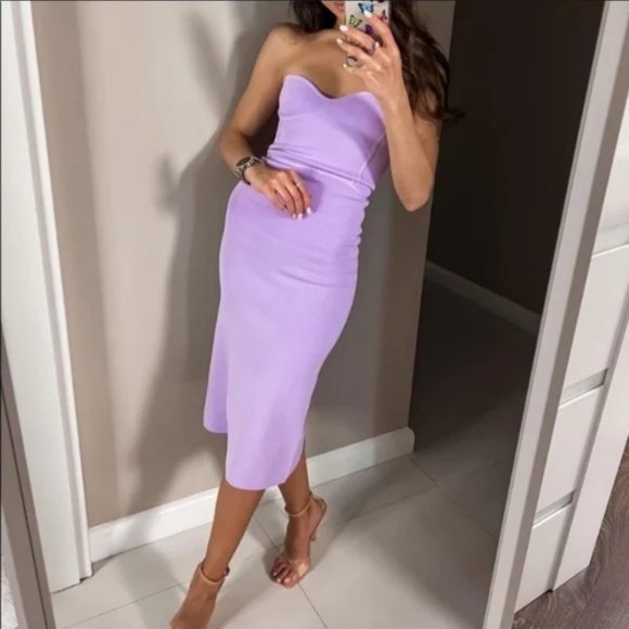 Zara Knit Lilac Bandage Corset Dress Purple Fitted Sweetheart Knee Strapless M - Picture 13 of 16